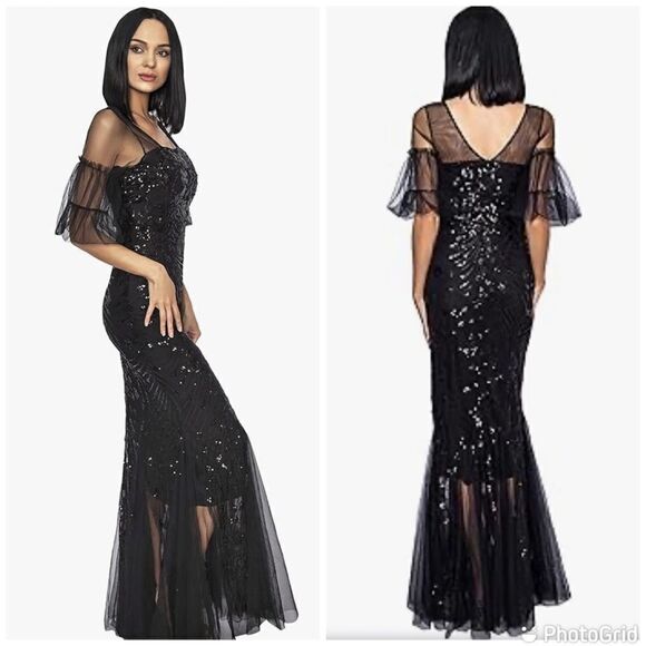 Tulle black Flared Sleeve Evening Party Dress Elegant Mermaid gown dress Sz- XL - Picture 1 of 16
